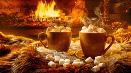 Canvas Print - Two mugs of hot chocolate with marshmallows