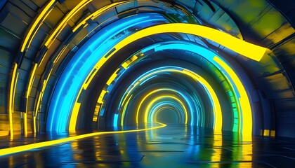 Wall Mural - Futuristic Abstract Portal Tunnel with Glowing Neon Waves in Yellow, Blue, and Green Representing High-Speed Data Transfer