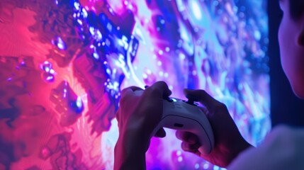 Close-up of a gamer’s hands firmly gripping a new video game controller, with a vibrant game interface displayed on a large screen in the background. RPG,futurism, thrill, passion, excitement.