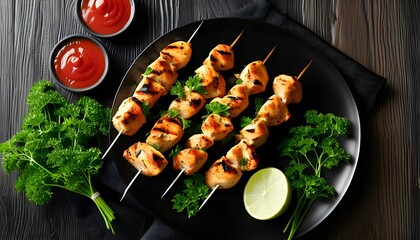 Wall Mural - Delicious grilled chicken skewers garnished with parsley and lime, served on a black plate with ketchup, embodying the essence of Greek cuisine in a vertical display