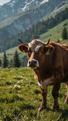 Wall Mural - Cow staring curiously in the Alpine fields.