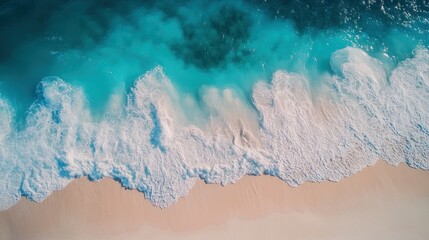 Poster - Aerial View of Turquoise Ocean Waves Crashing on Sandy Beach