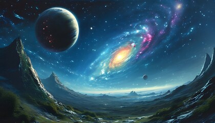 Wall Mural - Cosmic Landscape of Distant Planets and Twinkling Stars in a Futuristic Galaxy Background