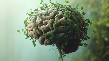 Poster - 3D of a human brain covered in verdant leafy tendrils emerging from a peaceful earthy background   representing the growth interconnectedness and organic nature of the mind and cognition