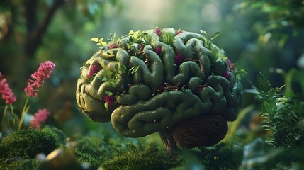 3D of a human brain covered in lush verdant flora and foliage over a serene natural background   symbolizing the connection between mental well being cognitive function