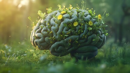 A 3D depicting a human brain covered in abundant flourishing vegetation over a tranquil grassy background symbolizing the connection between the mind and the natural world