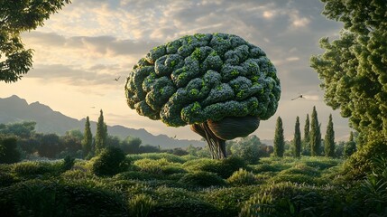 Aufkleber - A 3D depicting the human brain enveloped in a lush verdant array of growth set against a peaceful pastoral landscape