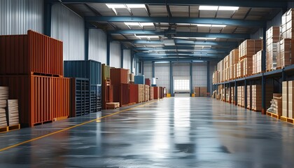 Wall Mural - Busy Loading Dock Scene of a Warehouse with Trucks and Forklifts in Action