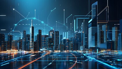 Wall Mural - Futuristic Smart City Concept with Urban Architecture and Directional Elements on Dark Blue Backdrop for Real Estate Marketing and Technology Presentations