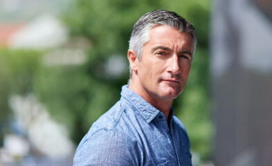 Aufkleber - Mature, business man and portrait outdoor in office with confidence, career pride or management at workplace. Professional, CEO or fresh air at company with entrepreneurship in creative design in USA