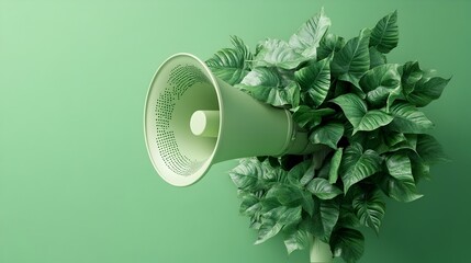 A 3D digital portrays a megaphone covered with lush green tropical elephant ear leaves against a vibrant green background showcasing an eco friendly and nature inspired technology design