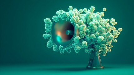 Poster - A 3D digital portrays a megaphone covered with radiant bioluminescent mushrooms against a lush green background showcasing the beauty of nature s luminescent wonder combined with modern technology