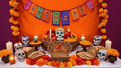 An ofrenda for Día de los Muertos with marigolds, sugar skulls, candles, and framed portraits, symbolizing the connection between the living and the departed