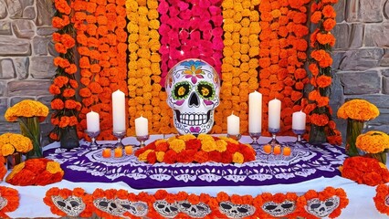 A festive Day of the Dead altar featuring sugar skulls, marigold flowers, candles, and framed photos, celebrating loved ones in Mexican culture