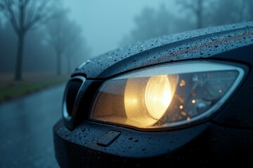 front bumper and car headlight of car with rain drop water at night, generative AI