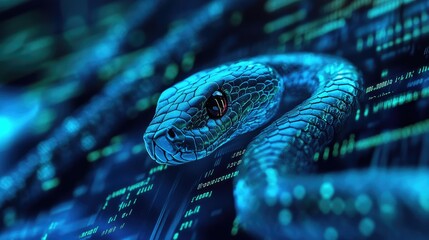 Poster - Python development: A computer screen displaying Python code with a digital snake, showcasing the versatility of Python for software development.