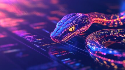 Poster - Python programming: A computer screen displaying Python code with a digital snake, symbolizing the power and efficiency of Python as a programming language.
