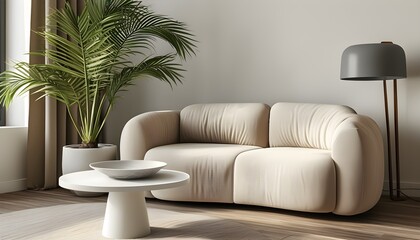 Wall Mural - Chic living room design featuring a beige sofa, palm plant on a white round table, and a stylish gray lamp