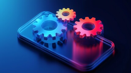 Poster - 3d vector update icon with glassmorphism effect, featuring floating gears on a transparent smartphone screen, symbolizing technology and software updates.