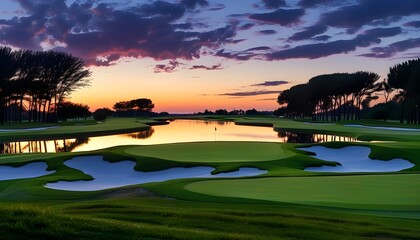 Wall Mural - Serene Golf Course at Dusk with Lush Fairways and Scenic Tee Box Perspective