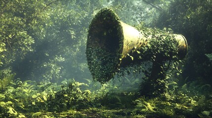 A 3D portrays a megaphone engulfed in a verdant overgrowth of thriving vegetation and budding plant life set against a serene and nature filled environment  The megaphone a symbol of technology