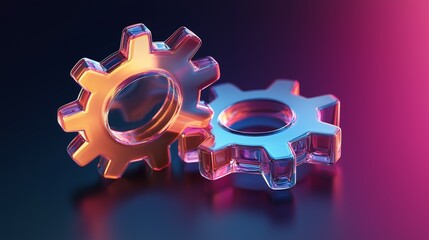 Two transparent 3d gears with a glass morphism effect, symbolizing technology and updates, floating against a gradient background.