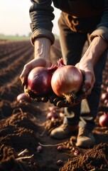 Poster - Harvest. Hands with onion vegetables against field