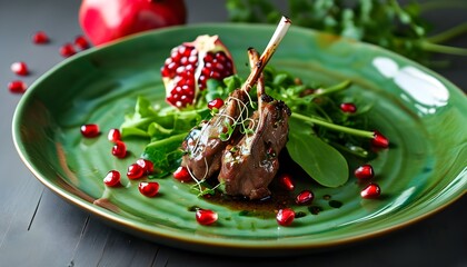 Wall Mural - Sophisticated display of succulent lamb enhanced with pomegranate seeds and fresh greens on an artistic green ceramic plate