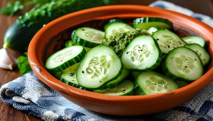 Wall Mural - Delicately Seasoned Crushed Cucumber Slices with Garlic Dill in a Pottery Bowl Overhead View