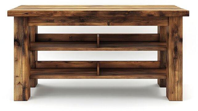 A 3D rendered photograph of a rustic wooden console table with open shelving isolated on a clean white background for a minimalist natural home decor setting