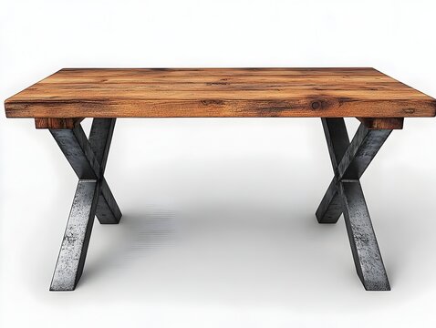 A 3D rendered photograph of a rustic wooden dining table with sleek metal legs presented on a clean white background for a versatile contemporary home or restaurant setting
