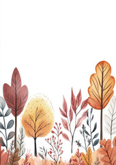 Wall Mural - A watercolor illustration of autumn trees and plants on the bottom with a white background, in the children's book style.