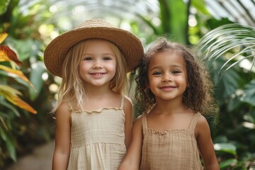 Two cute smiling little girls belonging to different races, in linen clothes, holding hands and walking in the botanical garden. Children explore tropical plants and flowers in the, Generative AI