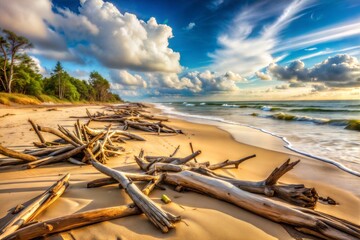 Wall Mural - Driftwood scattered on sandy beach with ocean waves