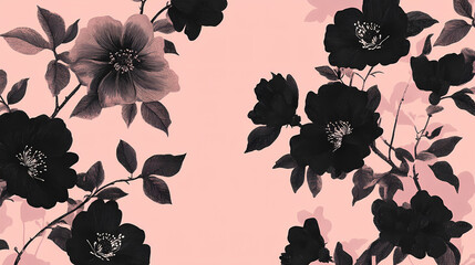 Retro vintage illustration in asian style black flowers on pink background floral natural pattern. Floral Pattern. Illustration