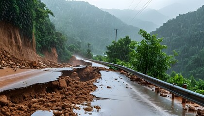 Wall Mural - Impacts of Heavy Rainfall: Road Obstruction from Landslide