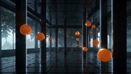 Dynamic digital fantasy with floating orbs in rectangular spaces.