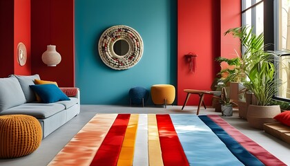 Wall Mural - Vibrant Carpet Cascading Against a Bold Red Wall