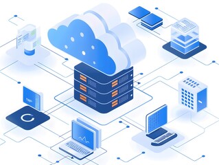 Poster - A digital cloud computing concept showcasing cloud servers connected to various devices and data storage icons.
