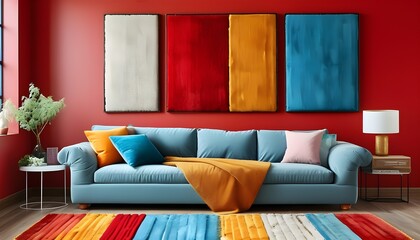 Wall Mural - Vibrant Carpet Cascading Against a Bold Red Wall