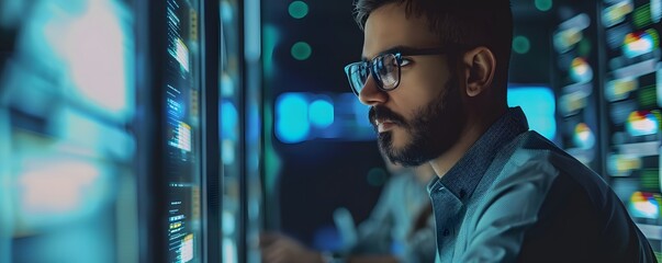 Poster - A focused man working in a data center, analyzing server technology with blue lights illuminating his face, showcasing expertise.