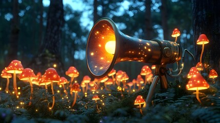 Poster - A captivating 3D portrays a megaphone adorned with a stunning display of glowing mushrooms and glow worms set against the backdrop of an enchanted woodland scene