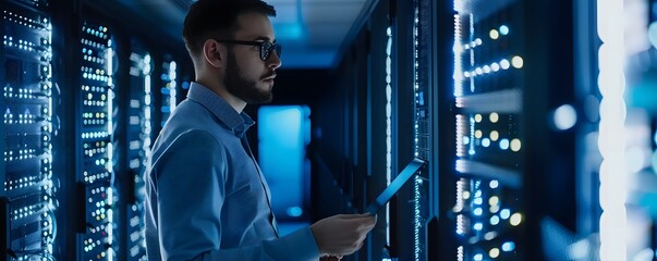 Poster - A focused technician analyzes data in a modern server room, surrounded by glowing server racks and advanced technology.