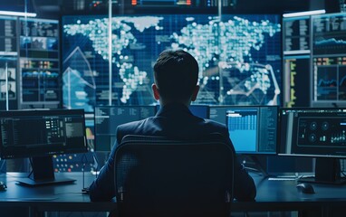 Poster - a professional analyst observes global data on multiple monitors, focusing on analytics in a tech-dr