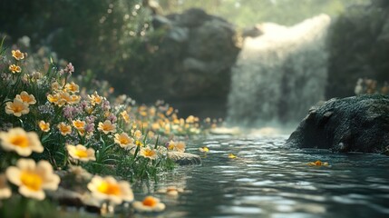 Poster - Serene Waterfall and Wildflowers in a Lush Forest