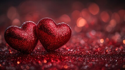 Canvas Print - Two red glitter hearts on a sparkly background.