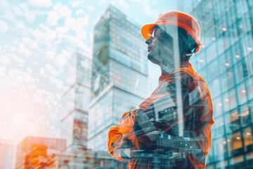 Wall Mural - Double exposure of industrial engineer and construction tools.