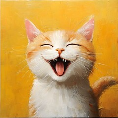 A close up portrait of a cheerful domestic cat with a big  gleaming smile  surrounded by a vibrant yellow studio background  The playful and energetic feline appears overjoyed