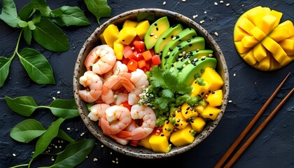 Wall Mural - Vibrant Poke Bowl Featuring Shrimp, Avocado, and Mango in a Classic Hawaiian Style Flat Lay Perspective