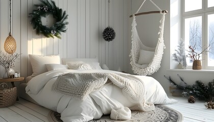 Wall Mural - Serene Scandinavian Bedroom with Cozy White Hammock and Inviting Winter Decor